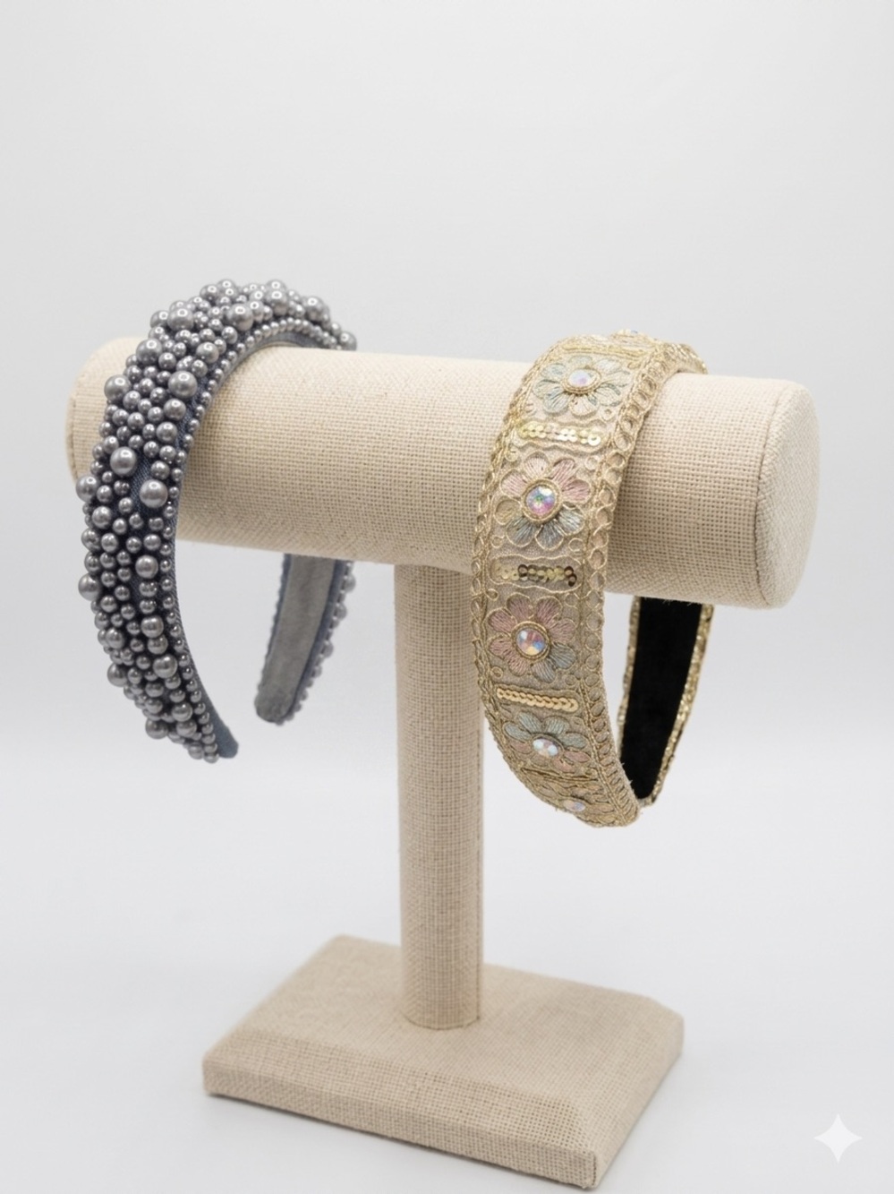 Statement Headband Bundle Grey Pearl Cluster + Gold Embroidered AB Boho Set Of 2